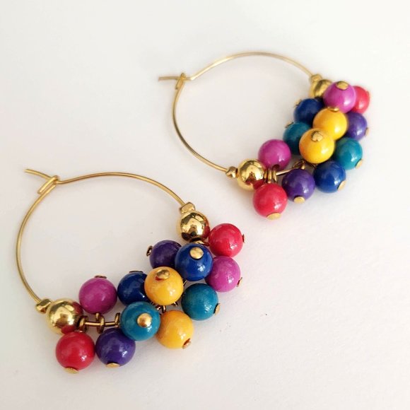 Gold hoops with multi color round dangle beads - Picture 6 of 7